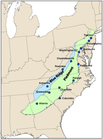 Map of the Piedmont and Blue Ridge Physiographic Provinces