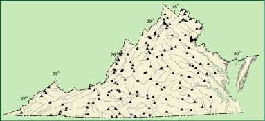 Figure 1. Locations of the 161 continuous-record streamflow-gaging stations in Virginia in 2002